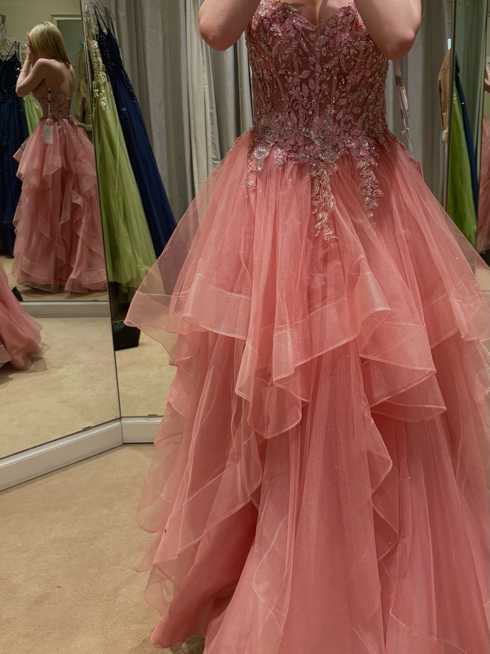 Coral/Blush Pink Graduation gown with intricate beaded bodice